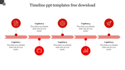 Red themed timeline slide featuring five segments with icons and captions.
