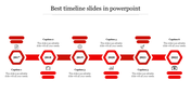 Red hexagonal timeline slide with six milestones from 2017 to 2022 with captions and placeholder text on a white backdrop.
