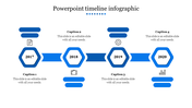 Blue themed timeline with four hexagonal shapes for year labels and text areas for milestone from 2017 to 2020.