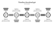 Gray themed timeline with five hexagonal year markers, connected by lines, and sections for captions.
