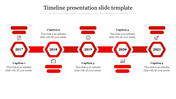 Red themed timeline with hexagonal nodes for 2017-2021, linked by arrows, featuring alternating captions and relevant icons.
