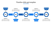 Blue timeline with five hexagon shaped year labels and icons, featuring space for text in each section.