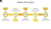 Yellow themed timeline PPT slide showcasing key years from 2017 to 2021 with captions and placeholder text.