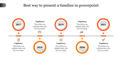 Timeline slide showing key milestones from 2017 to 2021, with captions and icons for each year along a horizontal line.
