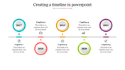 Business timeline with five color circles marking years 2017 to 2021, aligned on a horizontal line with captions and icons.