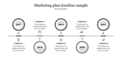 Timeline showing five circular gray milestones from 2017 to 2021, connected by a line, each with icon and  captions.
