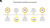 Horizontal timeline from 2017 to 2021 with circular yellow markers, a gray line, icons, and alternating caption areas.