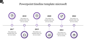 Timeline slide with six purple circular icons for years 2017 to 2022, each featuring a relevant icon and text placeholder.