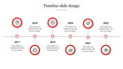 Bold red themed timeline with circular markers for 2017-2022, connected by a horizontal line with alternating text.