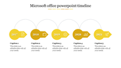 Microsoft Office timeline PowerPoint template with yellow markers from 2017 to 2021 and text captions with icons.