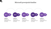 Purple themed Microsoft PowerPoint timeline with circular arrow model from 2017 to 2021, featuring icons and captions.