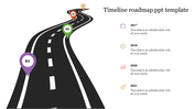 Timeline roadmap PowerPoint template, featuring colorful milestone markers for the years 2017 to 2021 along a road.