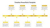 Yellow themed timeline PPT template with labeled years and descriptions in a structured format on a white backdrop.