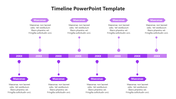 Timeline featuring eight purple year markers and editable caption areas with vertical connecting lines between each marker.