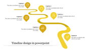 Winding yellow timeline with six tear drop points, each marked with icons and captions, creating a smooth flow.