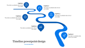 Six blue location icons placed along a winding path with caption areas beneath placed in a white background.