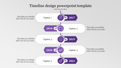 Vertical timeline with five purple icons and arrow-shaped year blocks from 2017 to 2021, with alternating caption boxes.