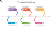 Infographic timeline featuring six years in a staggered layout, using blue, purple, green, red, pink, and yellow labels.