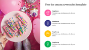 Plate with sprinkled desserts on a festive pink background alongside a text column with four circular icons.
