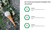 An ice cream cone on a gray background with leaves and white flowers, alongside three green hexagon icons on the right.