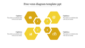 Venn diagram template in yellow with four interconnected hexagons, each with icons, numbers, and caption spaces.