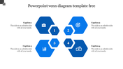 Blue hexagonal Venn diagram PowerPoint template with numbered steps and icons for business, target, growth, and finance.