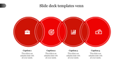 Red Venn diagram PPT slide with four overlapping circles and business related icons with captions on a white backdrop.