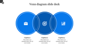 Three circle blue Venn diagram with icons for briefcase, target, and chart, and editable caption boxes below each segment.