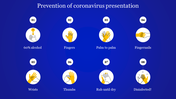 Blue infographic with white circles, illustrating eight step hand sanitization process using yellow highlighted hands.