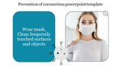 Slide with a teal rounded rectangle on the left featuring text and an image of a masked woman on the right, with virus icons.