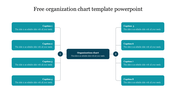 Organization chart template with dark blue central box connected to eight teal caption boxes, four on each side.