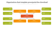Organization chart template featuring a hierarchical structure with orange, green, and red boxes connected by lines.