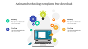Technology-themed template with animated gears and a laptop screen, surrounded by colorful icons and headings with text area.
