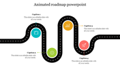 Winding roadmap slide design with four labeled colorful icons accompanied by text captions.