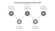 Monochrome timeline featuring five gray icons in circles with dotted outlines, connected by thin lines, with text.