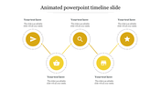 Animated timeline with five yellow circle markers, each holding icons, placed on a line with text areas beneath.