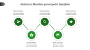 Diagonal timeline layout with six green icons including search and shop, each linked by lines and  placeholders text areas.