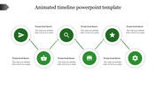 Infographic timeline showing six steps with green icons like play, search, and gear, connected in a flow with text areas.