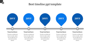Horizontal timeline with five blue map pin shapes labeled 20YY, placed above icons and text boxes on a grey progress line.