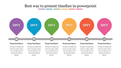 Timeline with six teardrop shapes in purple, blue, green, yellow, orange, and pink on a gray horizontal line.