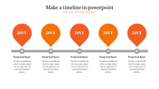 Five point timeline with red orange gradient map pin on a gray horizontal line, each featuring a year and text areas beneath.