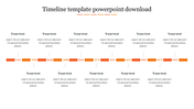 Microsoft timeline PowerPoint template with a 12 month orange layout, featuring text placeholders above and below.
