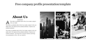 About Us section and three grayscale image, showcasing urban architecture, a professional at work, and a team discussion.