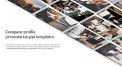 Company profile slide with a 3D grid of business images, including meetings, laptops, and documents, on a white background.