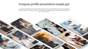 Company profile presentation with angled floating image tiles of business meetings, teamwork, and office scenes.