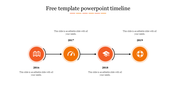 Linear timeline with four orange shaded icons labeled 2016 to 2019, each with a placeholder text box above or below.