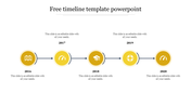 Timeline PPT slide with years from 2016 to 2020, featuring yellow circular icons and placeholder text on a white backdrop.