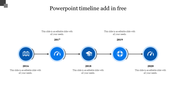 Timeline featuring blue circular icons for each year from 2016 to 2020, each with a unique icon and text section.