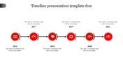 Horizontal timeline layout with six red circular markers for the years 2016 to 2021, each containing icons.