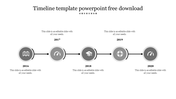 Horizontal timeline design with gray circular markers labeled 2016–2020, featuring icons and with caption areas.
